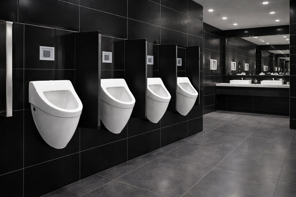 Modern men's restroom with wall-mounted urinals and black privacy dividers next to sink area